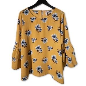 Xhilaration Bell Sleeve Blouse Womens XXL Yellow‎ Floral Top Boho Cottagecore